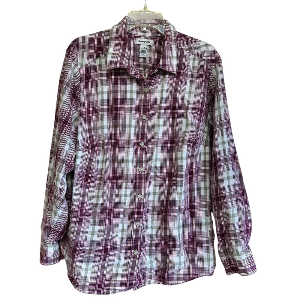 Lands End Womens 1X‎ Purple Plaid Flannel Shirt Long Sleeve Cotton Button Down